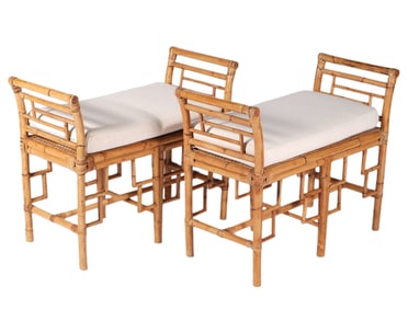 Pair of Art Deco Rattan Benches with Cushions