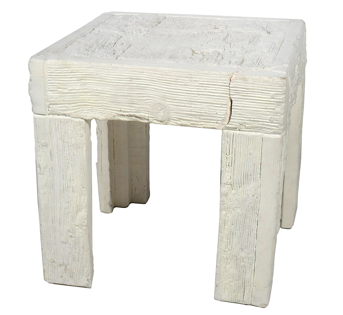 John Dickinson Cast Plaster Side Table: John Dickinson wood motif side table. Made of cast plaster. One leg is broken off. Table is unsigned. Similar table sold in 2006: https://www.bonhams.com/auctions/14049/lot/5251/?category=list. Measur