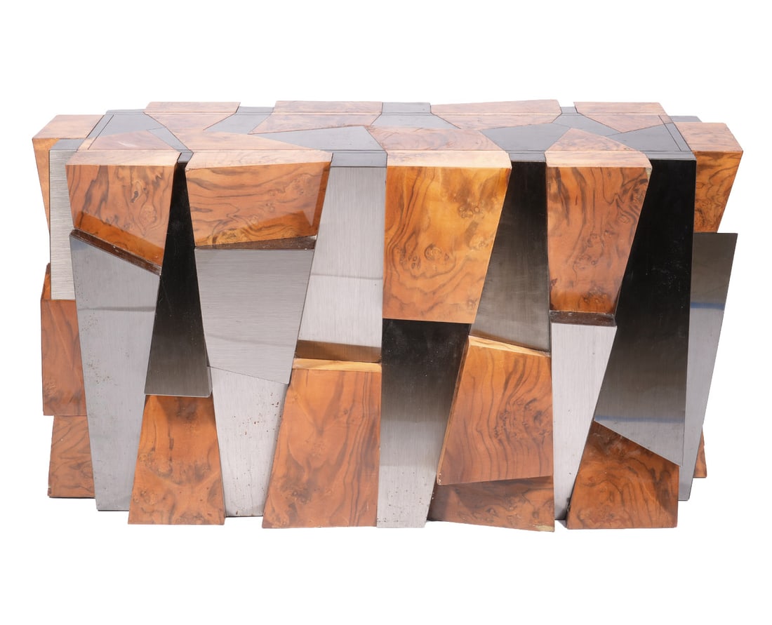 Wonderful Paul Evans Faceted Console Table: Paul Evans, American (1931-1987). Paul Evans console from the Cityscape Series designed for Direction Furniture Co. Faceted base of burl and gun metal. Finished on all four sides. Unsigned. We'd like 