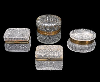 4 Cut Glass Lidded Caskets Brass Mounted
