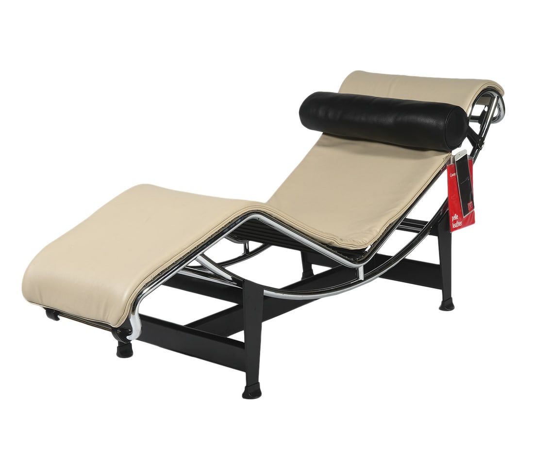 Cassina Corbusier Italian Lounge Chair LC4: Chaise Lounge Chair LC4 by Le Corbusier recliner with ultracomfortable cream Pelle Leather full lenth cushion and black Pelle Leather cylindrical pillow that can be moved and used anywhere for comfort