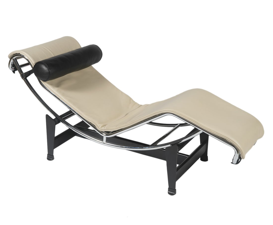 Cassina LC4 Lounge Chair by Le Corbusier: Chaise Lounge Chair LC4 by Le Corbusier recliner with ultracomfortable cream Pelle Leather full lenth cushion and black Pelle Leather cylindrical pillow that can be moved and used anywhere for comfort