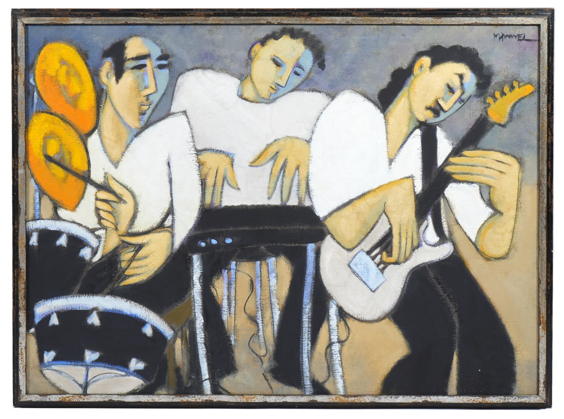 Marsha Hammel 'Jazz Ensemble' Painting: Marsha Hammel, American (Born 1949). 'Jazz Ensemble' oil on canvas painting signed top right and mounted in black wood frame features a trio of musicians. Label on verso 'Michael Murphy Gallery'. Meas