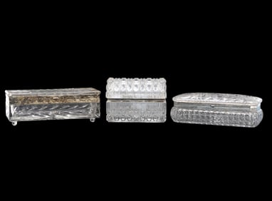 Three Cut Glass Lidded Boxes Brass Mounted