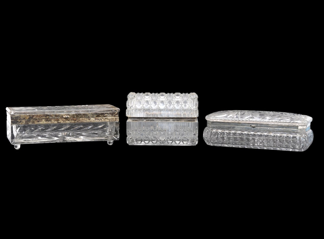 Three Cut Glass Lidded Boxes Brass Mounted (1 of 13)
