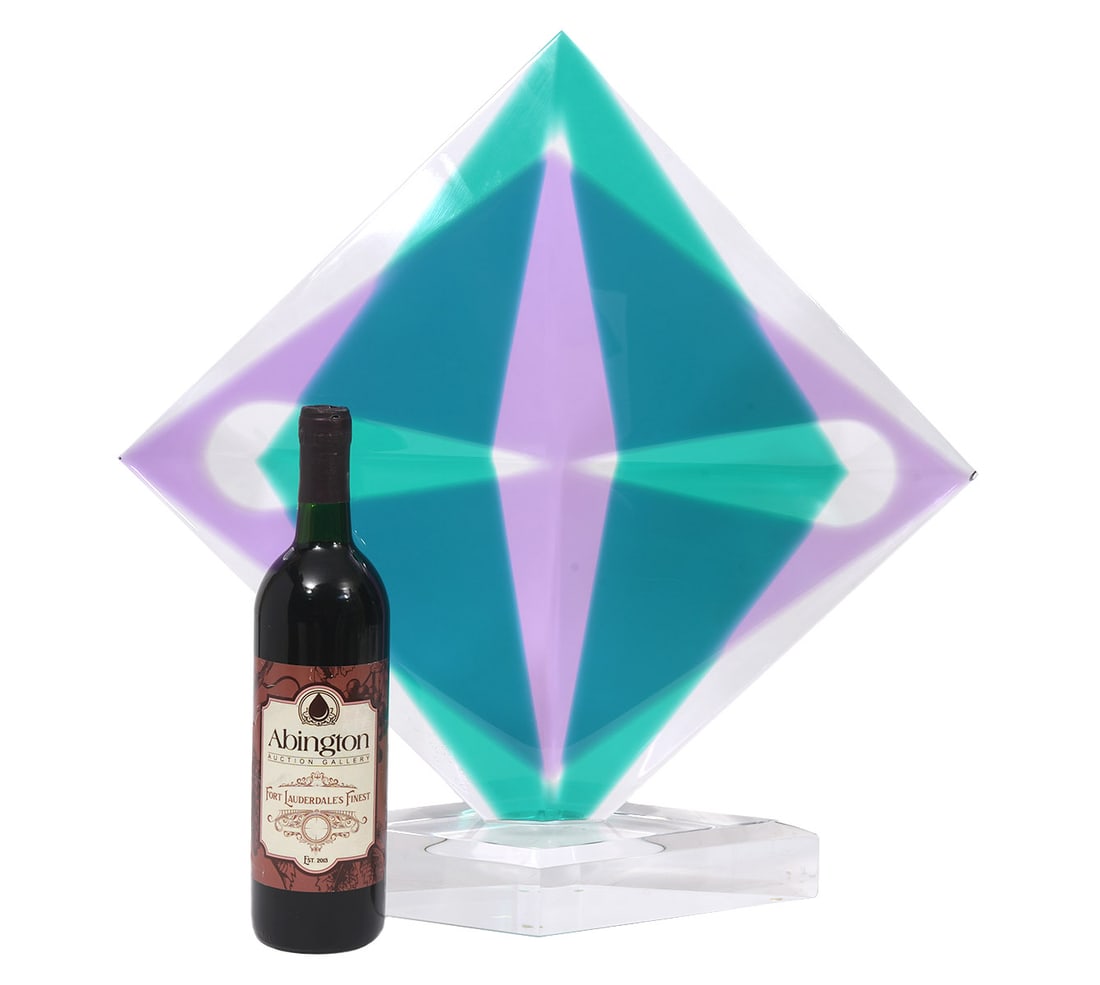 Shlomi Haziza Colorful Lucite Signed Sculpture: Shlomi Haziza, Israel (Born 1969). Diamond shaped lucite sculpture in shades of purple, green and clear mounted on diamond shaped base with beveled top edge. Signed at the base of the sculpture. Measu