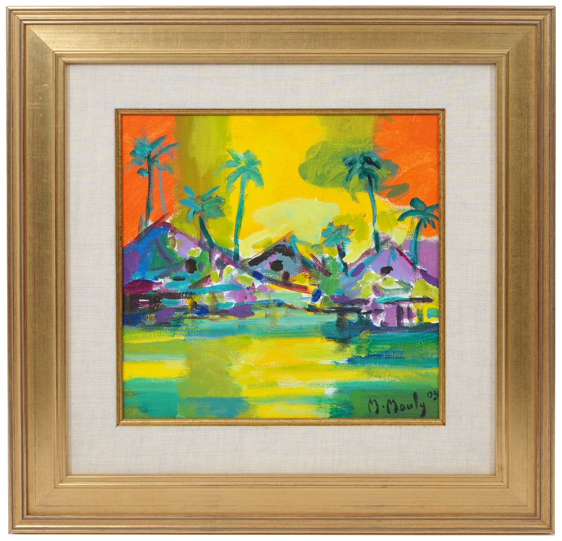 Original Marcel Mouly Village Acrylic Painting: Marcel Mouly, French (1918-2008). Original acrylic on canvas painting. Signed and dated 2003 on front, and signed, dated and titled on verso. Measures 19"H x19"W framed; 12"H x 12"W visual. Condition: