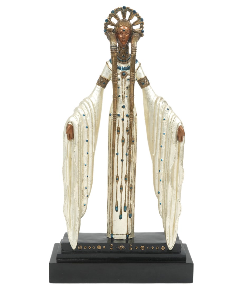 Erte Visions in Bronze 'Byzantine' Figurine: Romain de Tirtoff, Russia (1892-1990). 'Byzantine' art deco figurine cast in cold painted bronze has Erte signature stamp on back, is numbered 107/375 on back of base and '1987 Chalk & Vermillion and