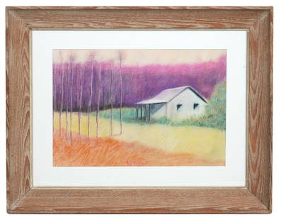 Wolf Kahn Pastel 'Purple Sunset' Painting: Wolf Kahn, German/American (1927-2020). Kahn is known for vivid colorful landscapes and this is a pastel on paper, signed bottom center and mounted in wood frame. Measures 22.75"H x 28.75"W framed; 14