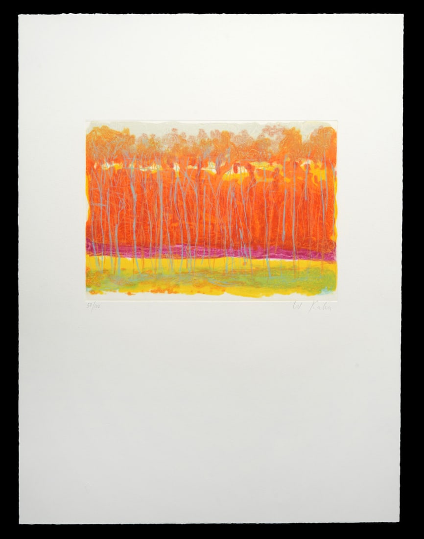Wolf Kahn 'Summer Tree Row' Etching: Wolf Kahn, German/American (1927-2020). Multiple color etching and carborundum print on Arches Cover White Paper. Print is unframed and paper measures 24"H x 18"W; image 11 7/8"H x 8.5"W. This is sign