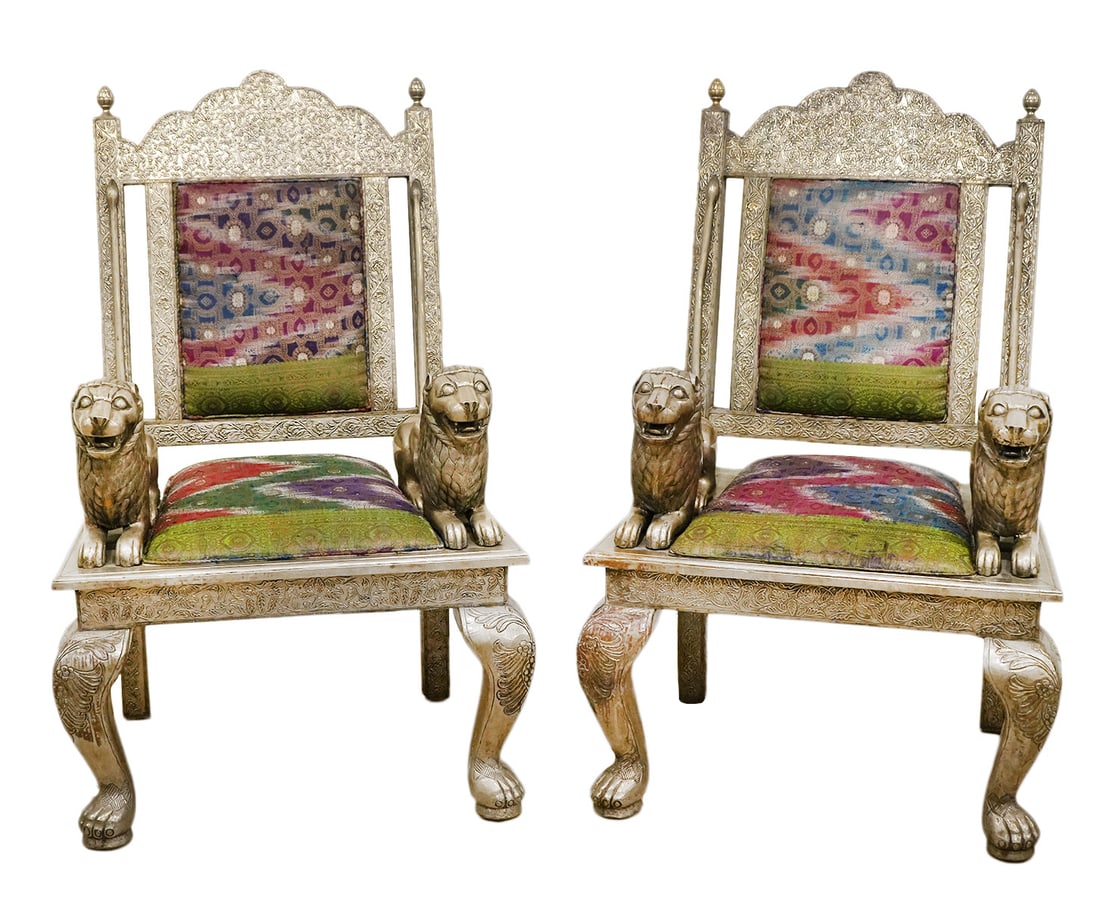 Pr. Anglo Indian Silvered Tin Throne Chairs (1 of 9)