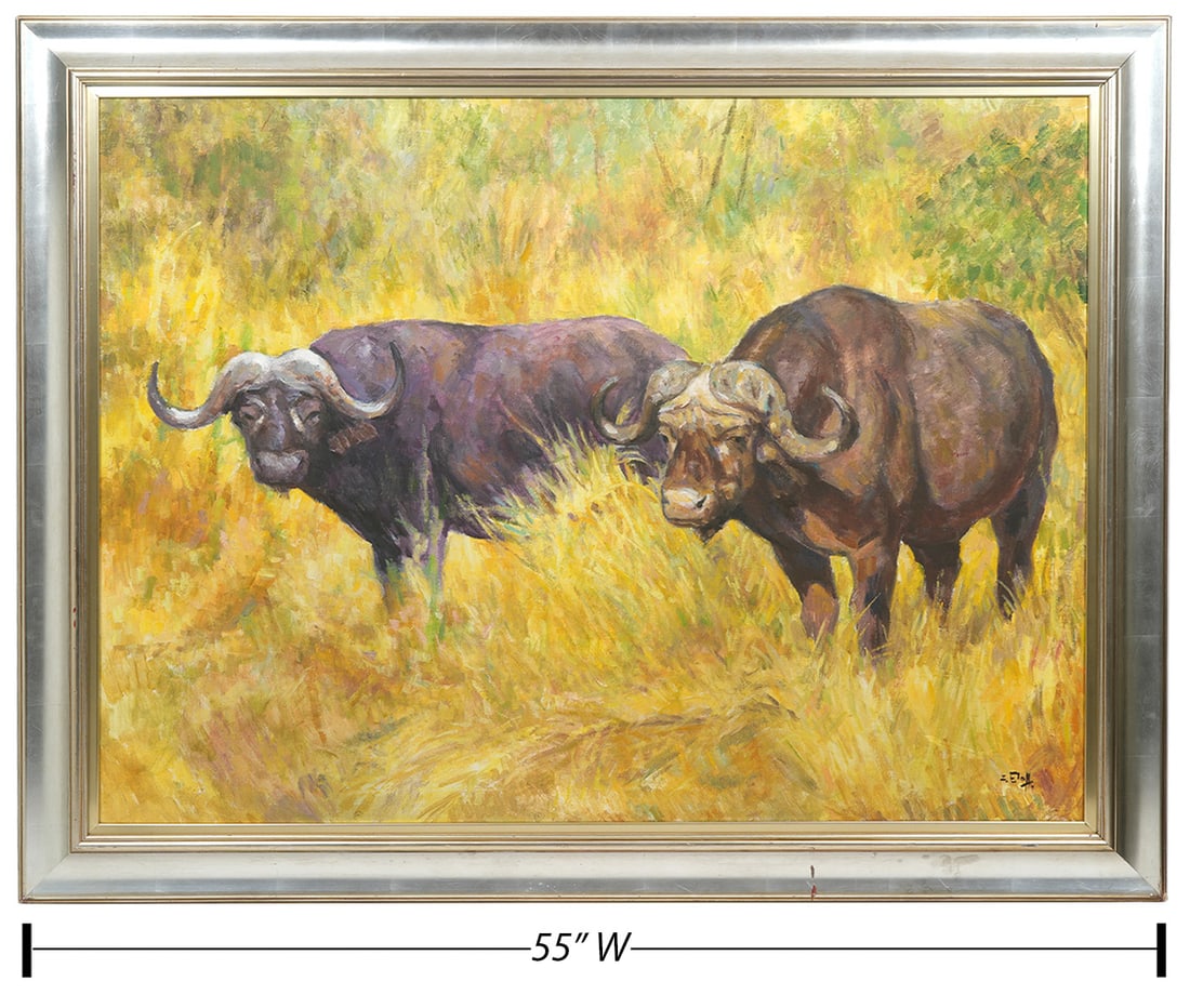 Large Zakkie Eloff 'African Cape Buffaloes' Painting (1 of 8)