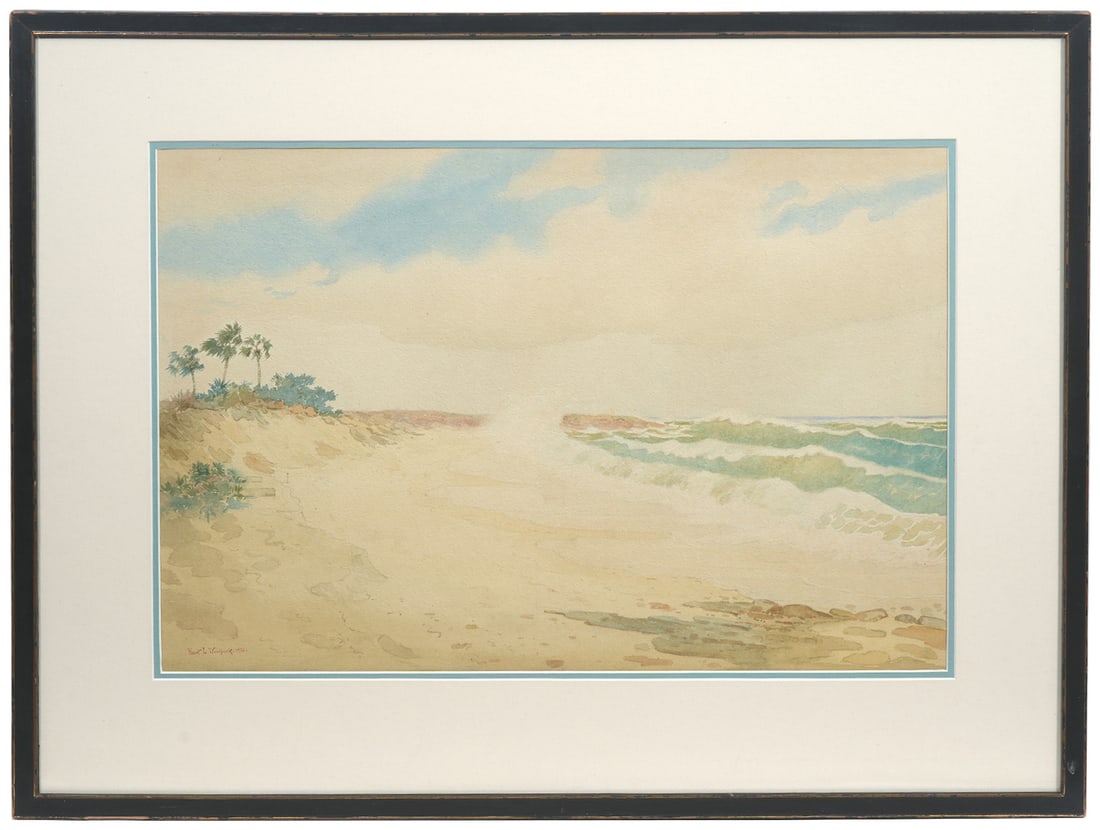 Hartwell Leon Woodcock Florida Watercolor Painting: Hartwell Leon Woodcock, American (1853-1929). Watercolor on paper of crashing waves on a sandy beach, palm trees in the distance. Painting is signed and dated lower right, 1925, and mounted in a thin 