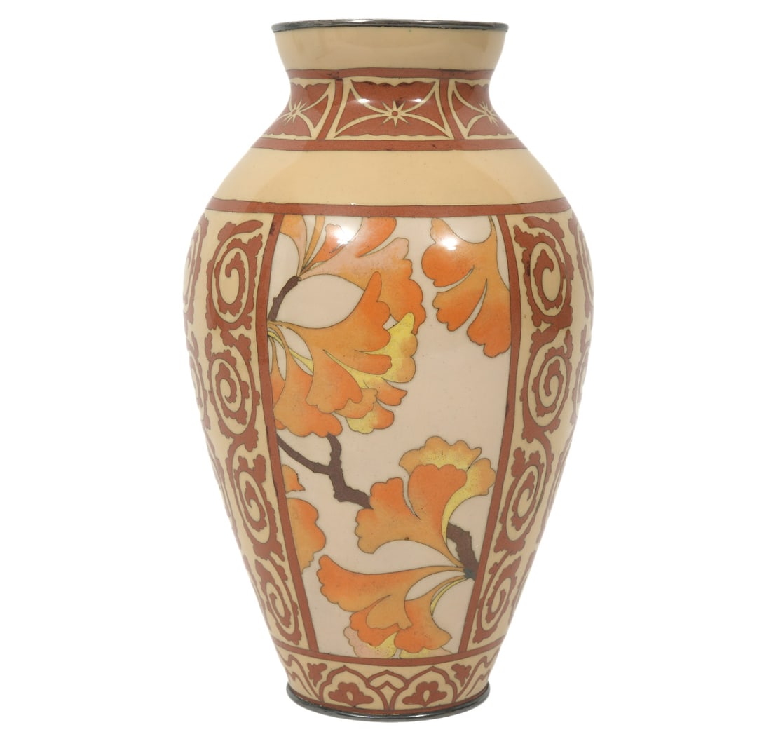 Fine Japanese Cloissone & Silver Vase: Japanese cloisonne vase decorated with autumn colored leaves on branches and panels of designs in earthy colors. The rim on top and base are metal and there are Japanese characters and a label on the 
