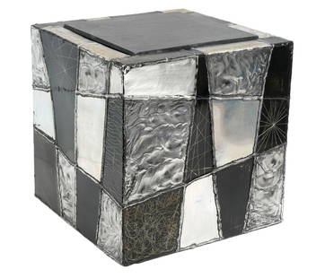 Paul Evans Argente PE 37 Cube Side Table: Paul Evans for Directional 'Argente' side table, Model PE-37, is constructed with welded aluminum and etched patterns on oxidized and painted panels with an inset slate top. Table does not appear to b