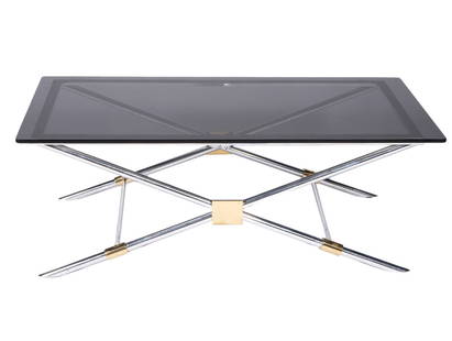 John Vesey X Base Coffee Table: John Vesey, American (Born 1924). John Vesey's Model V-41 brass mounted polished aluminum coffee table with smoked glass top has an X shaped base and is from his first collection in 1958. Measures 16.