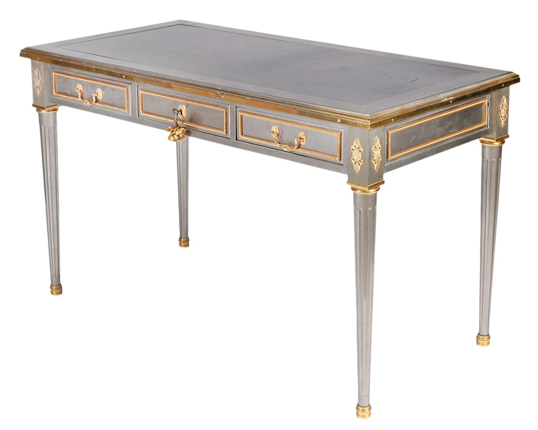 John Vesey Louis XVI Style Bureau Plat Desk: John Vesey, American (1924-1992). Stainless steel, bronze and leather desk, writing table or bureau plat in the style of neoclassical French Louis XVI. This piece has a fitted black inset leather top