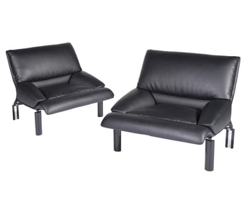 Pr. Italian Black Leather Saporiti Lounge Chairs