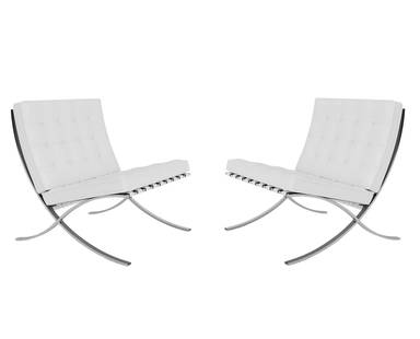 Pair Knoll Barcelona White Leather Chairs: Pair of Knoll Barcelona white leather chairs by Ludwig Mies van der Rohe with polished metal frames and labels on underside. Includes matching pillows in white leather that measure 18.5"L x 11.5"H. Ch