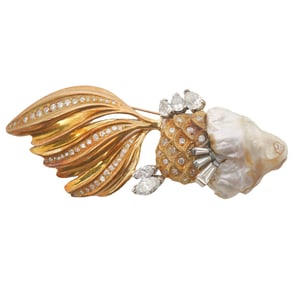 Diamond, Pearl & 18K YG Koi Fish Brooch