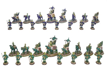 Indian Silver and Enamel Vintage Chess Set