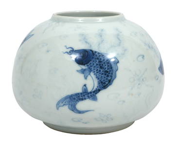 Chinese Porcelain Blue & White Brush Washer: Chinese porcelain blue and white brush washer with a recessed base is decorated with 4 swimming fish. The bottom has a Lingzhi mark inside blue double rings. Measures 3.5"H x 4.25"W. Condition: good c