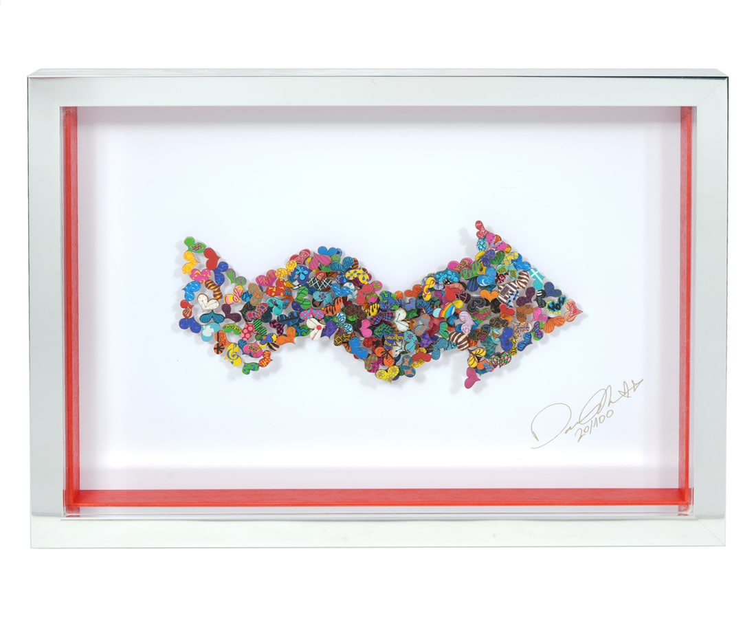 David Kracov 3D Sculpture 'Follow Your Heart': David Kracov, American (Born 1968). 3D multilayered metal sculpture shaped into a zigzagging arrow composed of multiple colorful hearts. Mounted in a polished chrome frame, signed and numbered lower r