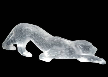 Lalique Frosted and Clear Crystal Zeila Panther: Lalique frosted and clear crystal Zeila panther in a stalking position, originally designed by Marie Claude Lalique and is etched Lalique France. Measures 14.25"L x 4.25"H x 2.75"W. Condition: good co