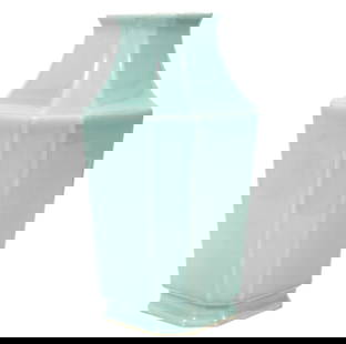 Chinese Celadon Porcelain Square Vase: Chinese light celadon square paneled porcelain vase has a recessed base with blue character marks and labels. Measures 13" H x 6.75" W x 6.75" D. Contact AAG for more detailed information if needed. A