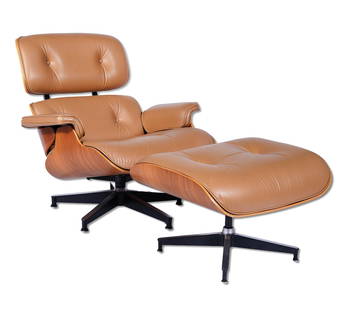 Eames Lounge Chair and Ottoman: Herman Miller Eames walnut and tan leather lounge chair and ottoman. Lounge chair has 5 star cast aluminum swivel base and ottoman is mounted on a 4 star base. Labels on underside. Measures: chair 31"