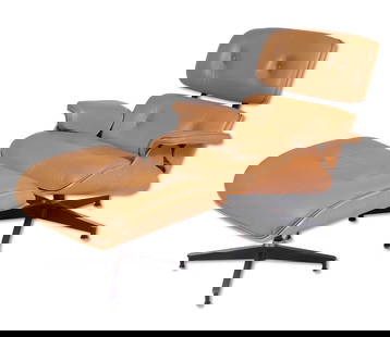 Eames Lounge Chair and Ottoman: Herman Miller Eames walnut and tan leather lounge chair and ottoman. Lounge chair has 5 star cast aluminum swivel base and ottoman is mounted on a 4 star base. Labels on underside. Measures: chair 31"