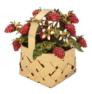 Cartier Sterling Basket with Enamel Strawberries: Cartier vermeil sterling woven basket with enamel strawberries and flowers. Marked on side 'Cartier Hand Made Sterling' and measures 3.25"H x 2.25"W x 3.25"L. Condition: good condition, please see all