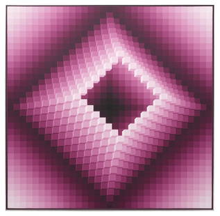 Original Jean Pierre Yvaral 1976 Oil Painting: Jean Pierre Yvaral, French (1934-2002). 'Structure Cubique Luk M', 1976. Signed, titled and dated on verso. Oil on canvas. 39.5" x 39.5" visual, framed 39.75" x 39.75". Condition: good condition, no i