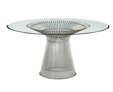 Warren Platner Dining Table in Polished Nickel: Polished nickel Warren Platner dining table has a beveled edge glass top that measures 53.5" W and overall height is 27.5" H. Condition report: table is in great condition, please see all photos. Cont