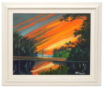 Mary Ann Carroll Highwaymen Fire Sky Painting: Mary Ann Carroll, American (1940-2019). Known as the 'First Lady' of the Florida Highwaymen, Mary Ann Carroll was the only female member of the original 26 Highwaymen. Oil on canvas, signed lower righ
