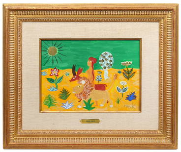 Henri Maik 'Apple Tree' Painting: Henri Maik, France (1922-1993). An Apple Tree in a flowered jungle setting is a gouache and watercolor mounted in a carved gilt wood frame. It is signed lower right and has a brass name plate bottom c