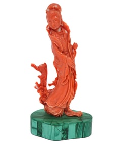 Chinese Carved Red Coral Figure on Malachite Base