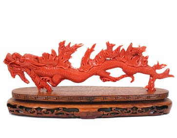 Carved Chinese Red Coral Dragon Figurine