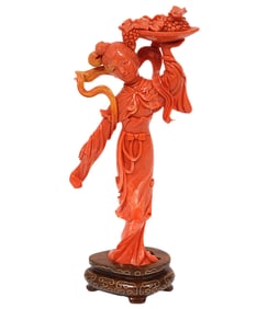 Chinese Carved Red Coral Figure on Custom Base