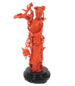 Red Coral Carved Figure on Open Work Plinth