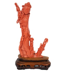 Carved Red Coral Female Figure & 3 Monkeys