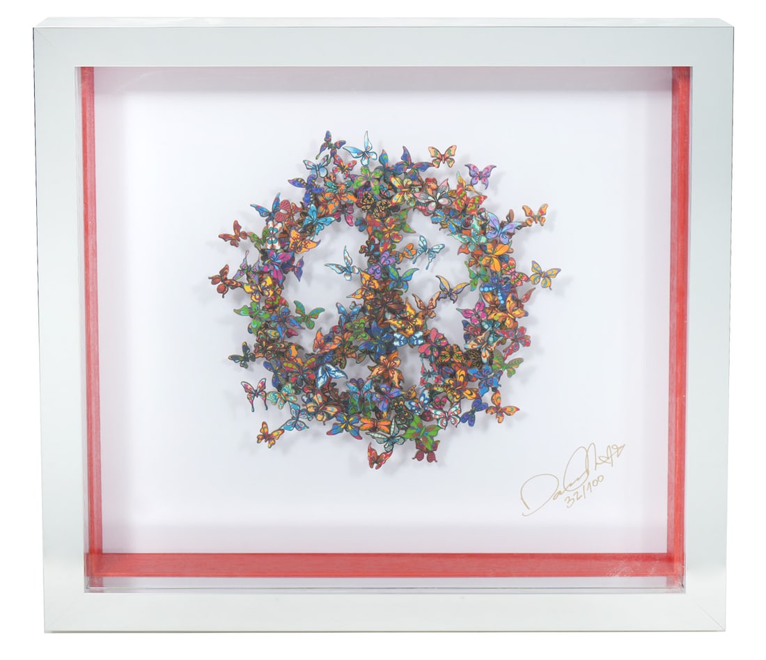 David Kracov 3D Sculpture 'The Butterfly Effect': David Kracov, American (Born 1968). This 3D wall sculpture of butterflies in the form of a peace sign is titled 'The Butterfly Effect' and is signed and numbered lower right, 32/100. It is mounted in