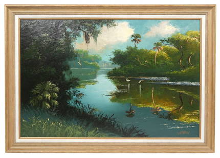 Sam Newton Florida Highwaymen Oil Painting: Sam Newton, American (Born 1948). Wonderfully executed river scene oil on board painting, signed lower right. Mounted in gilt wood frame with beading around the inner edges. Measures 28.5"H x 40.25"W