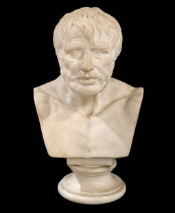 Marble Bust 'Lucius Annaeus Seneca the Younger': Marble bust of 'Lucius Annaeus Seneca The Younger', a Roman philosopher, has 'SENECA' inscribed on the front. Measures 22"H x 15"W x 12"D. Condition: wear commensurate with age, please see all photos.