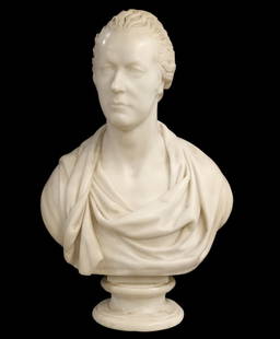 19th C Marble Bust 'William Pitt The Younger': 19th C marble bust of William Pitt (British 1759-1806), originally by Joseph Nollekens (British 1737-1823). Pitt served as prime minister during the reign of George III. There is some illegible writin