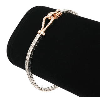 Simon G' Diamond & 18K WG and RG Bracelet: Simon G' diamond and 18K white gold and rose gold buckle straight line bracelet stamped 'Simon G 18K-786468-dl.98' features brilliant cut diamonds in square plaques accented with delicate milligrain d