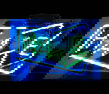 Patrick Martinez 'HATE' Neon Sign: Patrick Martinez, American (Born 1980). Martinez conveys social, cultural and political messages through his neon signs. This neon 'HATE' sign measures 20.25"L x 14"H x 2.75"D. Condition: sign is in w