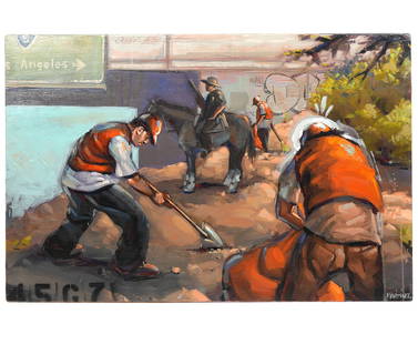 Patrick Martinez Los Angeles Oil Painting: Patrick Martinez, American (Born 1980). Oil on board. Signed on front and signed and dated on back '06. Painting purchased directly from the artist. Painting measures 24" H x 36" W x 1.75"D and is unf