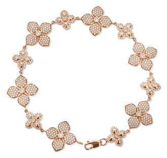 Diamond & 18K RG Floral Design Tennis Bracelet: Pave Diamond 18K rose gold floral design tennis bracelet stamped 'Verlis 18K', possibly Penny Preville Design, features pave diamond floral designed links in rose gold and has a lobster clasp. Diamond