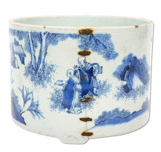 Chinese Blue and White Porcelain Planter: Chinese blue and white porcelain planter has old labels partially attached to underside. Measures 5.75" H x 8" W. Condition: old repair as seen in photos. Contact AAG for more detailed information if